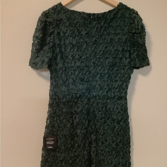 Lulu’s dark green puff short sleeves sheer mesh fabric flirty mini dress size L - Picture 6 of 7